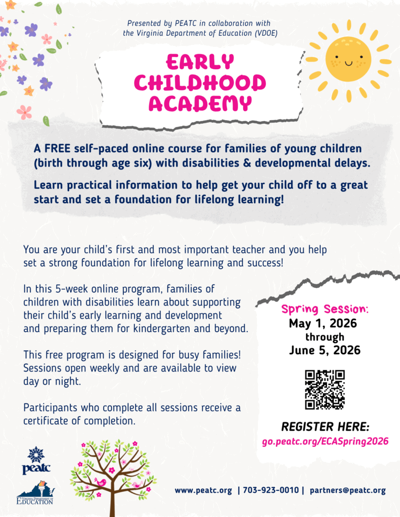 A flyer showing the title, description, dates and registration information for the Spring Early Childhood Academy.