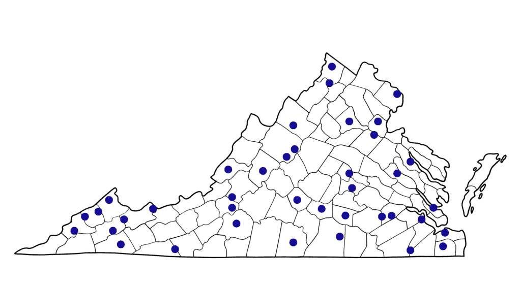 outlined map of Virginia with blue dots indicating regional locations for PEATC's community office hours
