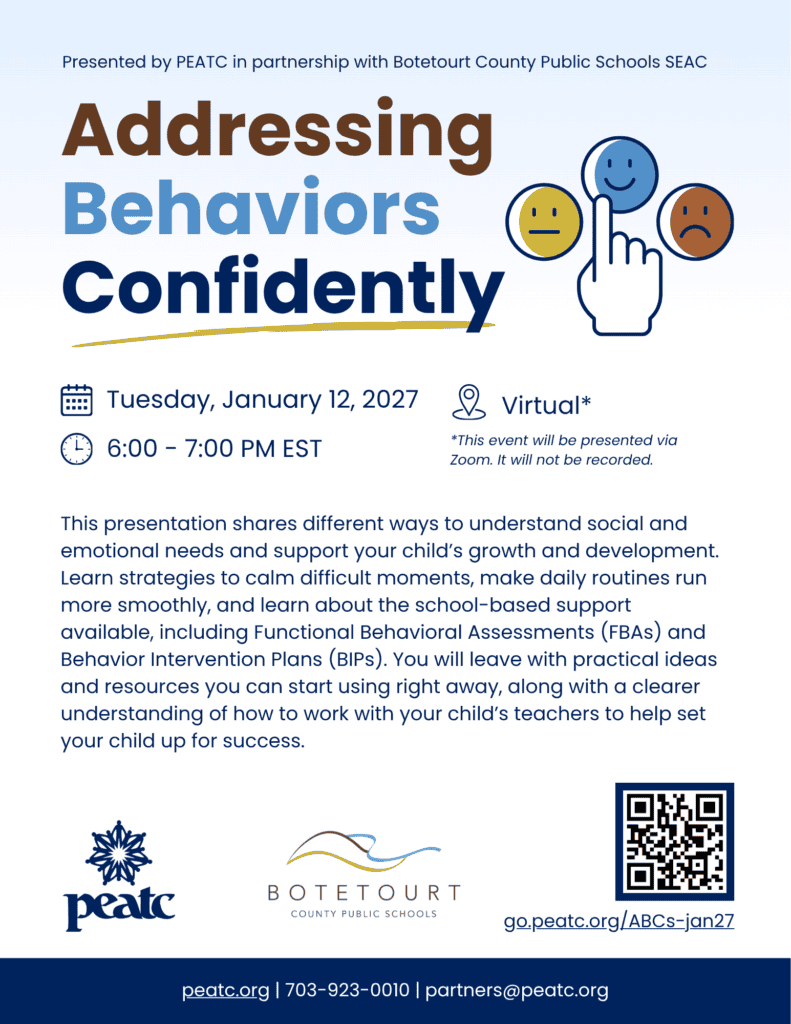 decorative flyer with information about the Addressing Behaviors Confidently webinar presented in partnership with Botetourt County Public Schools SEAC
